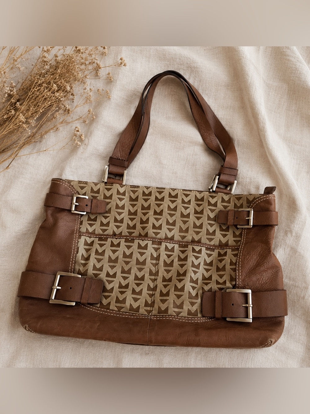 Vintage Michael Kors Canvas & Leather Trim Tote – Jacquard “M” Logo Print
